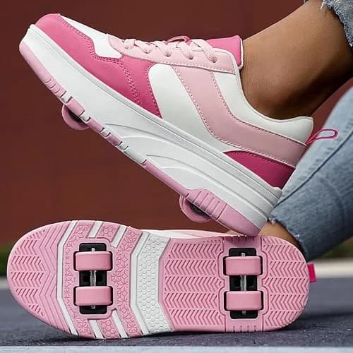 ANEFUN Kids Roller Skate Shoes 12 Little Kid Pink-White | Detachable 4-Wheel Safety Sneakers thumbnail 3