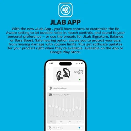 JLab Epic Air Sport ANC 3 Wireless Earbuds | Active Noise Cancelling Sport Earphones, 68+ Hour Battery, IP66 Sweatproof, Bluetooth 5.3, Black thumbnail 5