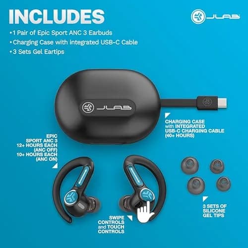 JLab Epic Air Sport ANC 3 Wireless Earbuds | Active Noise Cancelling Sport Earphones, 68+ Hour Battery, IP66 Sweatproof, Bluetooth 5.3, Black thumbnail 7
