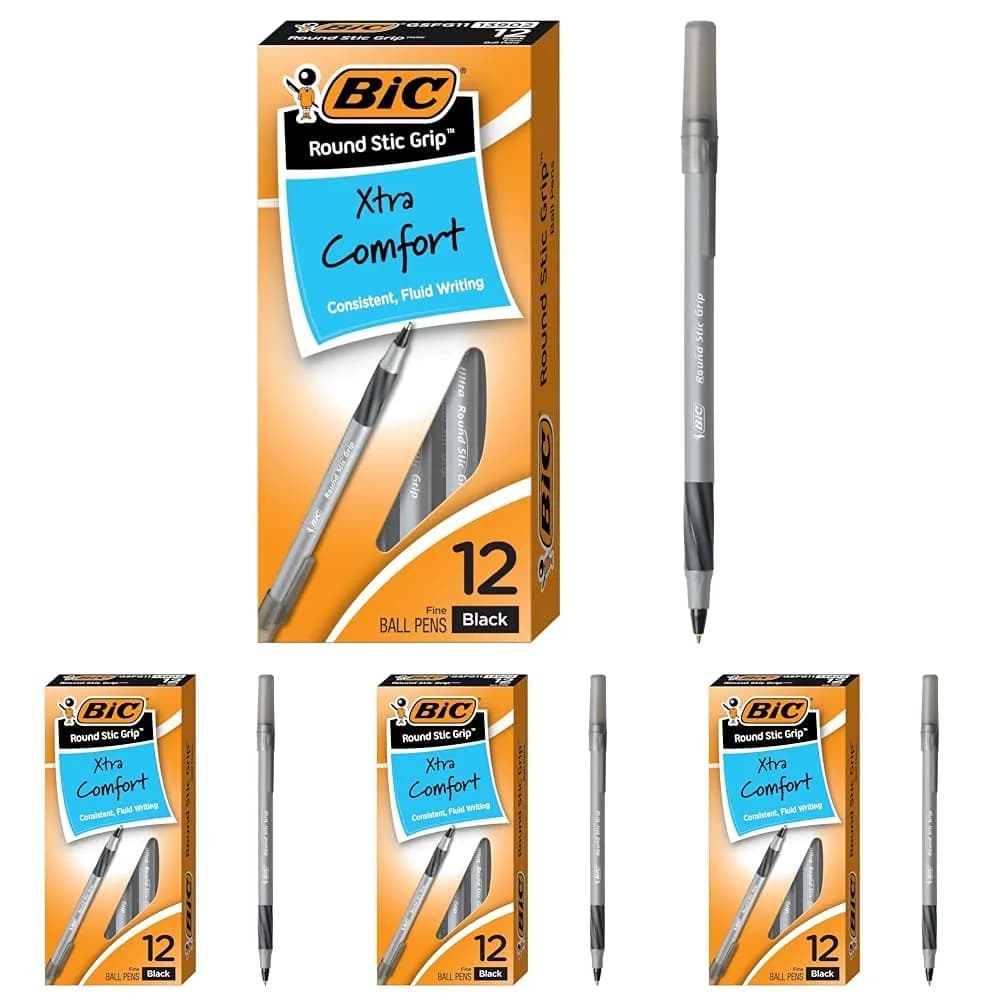BIC Round Stic Grip Xtra Comfort Ballpoint Pen, Fine Point (0.8mm), Black, 12-Count (Pack of 4) | Smooth Ink Flow for Students & Office - main product image