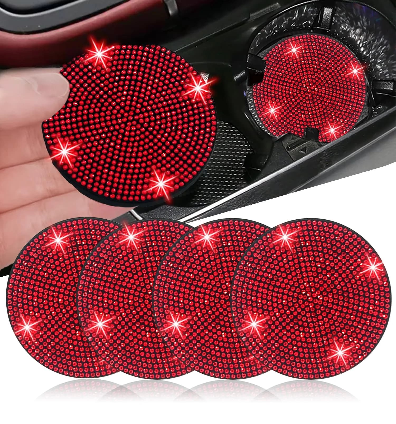 NBTEPEM Bling Red Car Cup Holder Coasters 2.75 inch (4 pcs) | Sparkle & Protect Your Car Interior - main product image