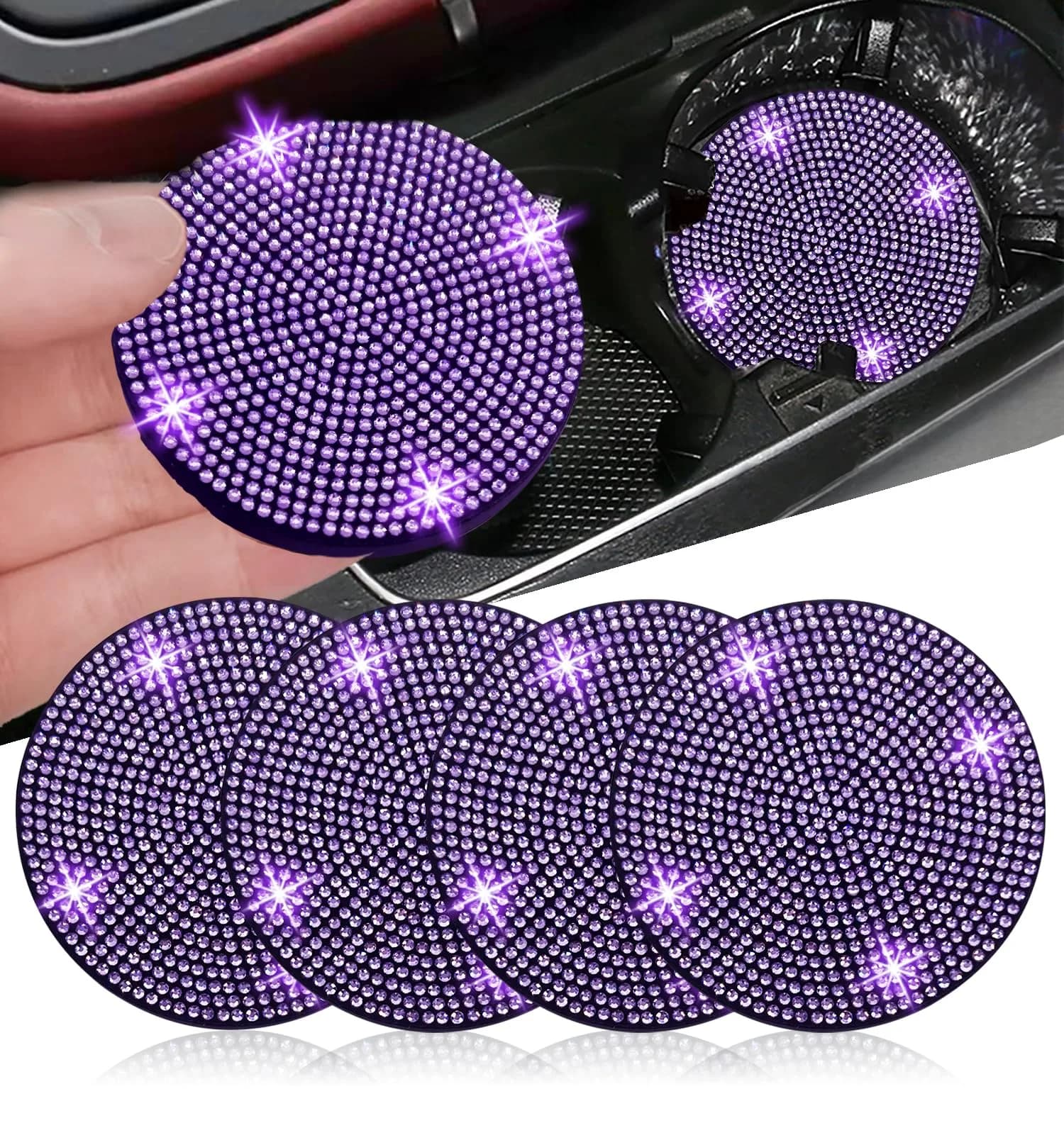 NBTEPEM Bling Car Cup Holder Coasters - 4 pcs, Purple Violet | Sparkle & Protect Your Car Interior - main product image