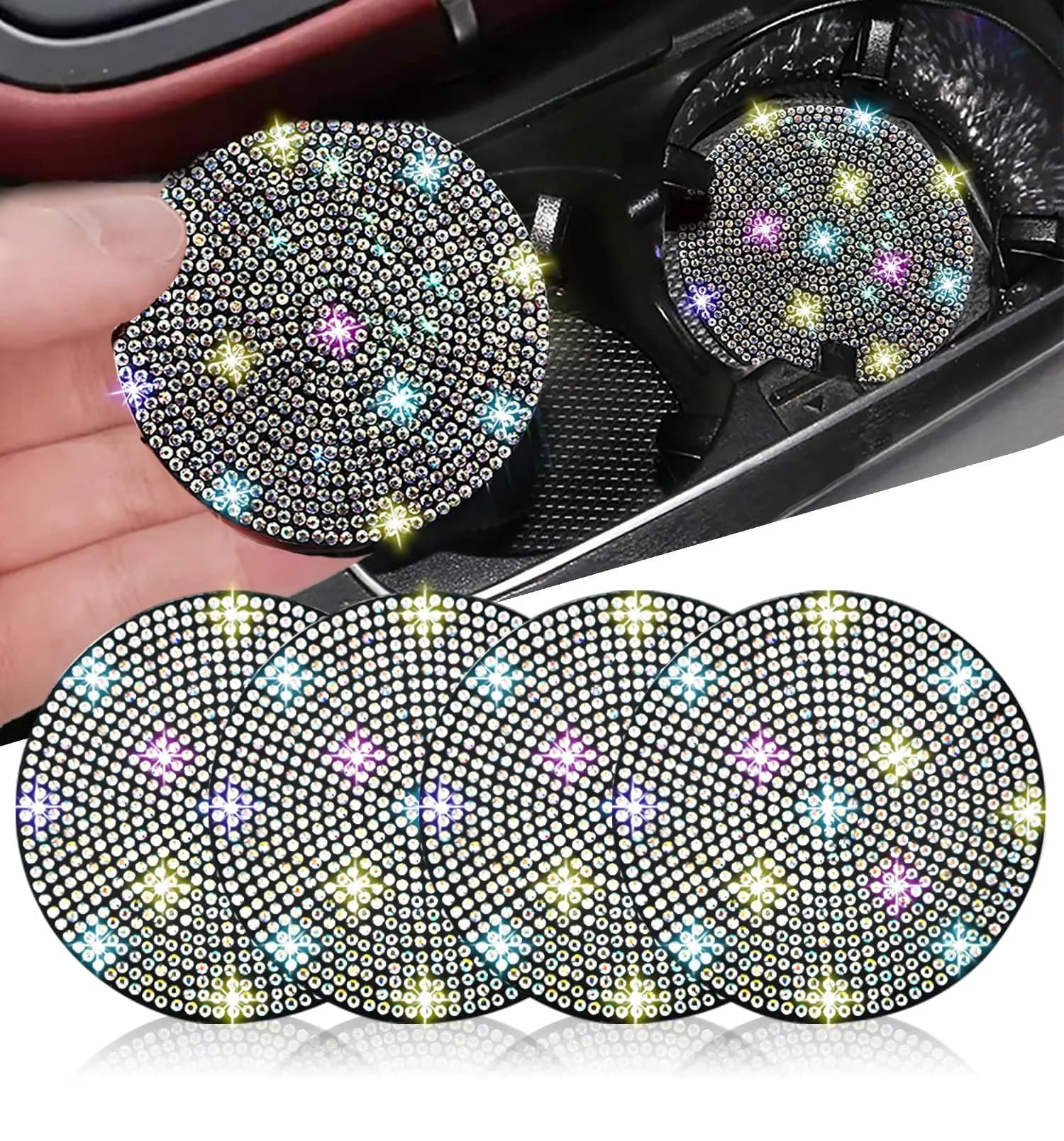 NBTEPEM Multicolor Bling Car Cup Holder Coasters - 2.75 inch, 4 Pieces - main product image