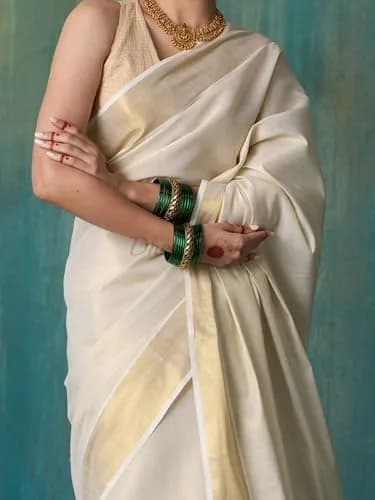 DhevStylish Kerala Kasavu Golden Tissue Saree with Running Blouse 6.25 Mtrs | Authentic Indian Weave thumbnail 4