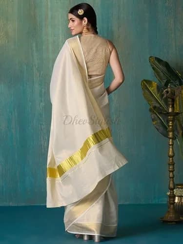 DhevStylish Kerala Kasavu Golden Tissue Saree with Running Blouse 6.25 Mtrs | Authentic Indian Weave thumbnail 5