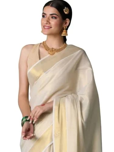 DhevStylish Kerala Kasavu Golden Tissue Saree with Running Blouse 6.25 Mtrs | Authentic Indian Weave thumbnail 1
