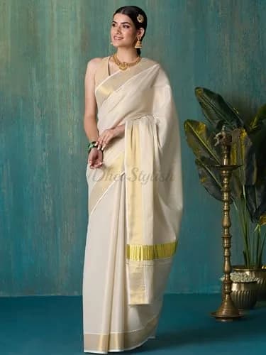 DhevStylish Kerala Kasavu Golden Tissue Saree with Running Blouse 6.25 Mtrs | Authentic Indian Weave thumbnail 2
