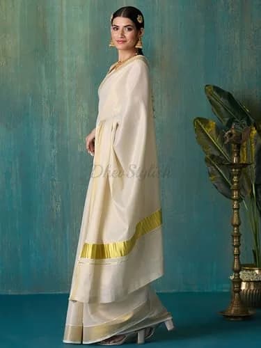 DhevStylish Kerala Kasavu Golden Tissue Saree with Running Blouse 6.25 Mtrs | Authentic Indian Weave thumbnail 3