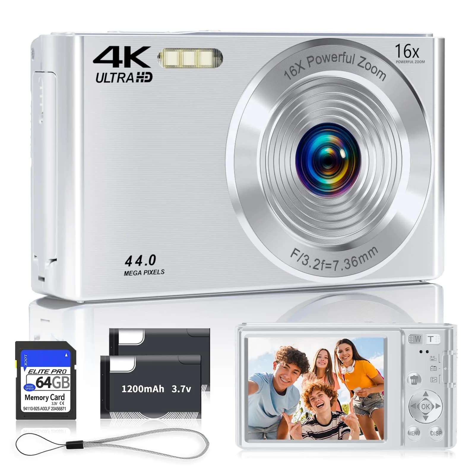 SMARTKLIK Digital Camera 44MP 4K FHD Silver | 16x Digital Zoom, 64GB SD Card Included - main product image