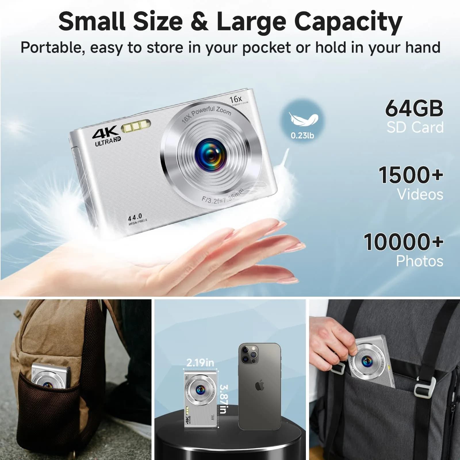 SMARTKLIK Digital Camera 44MP 4K FHD Silver | 16x Digital Zoom, 64GB SD Card Included - view 5