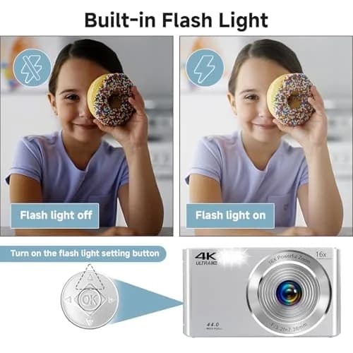 SMARTKLIK Digital Camera 44MP 4K FHD Silver | 16x Digital Zoom, 64GB SD Card Included thumbnail 7