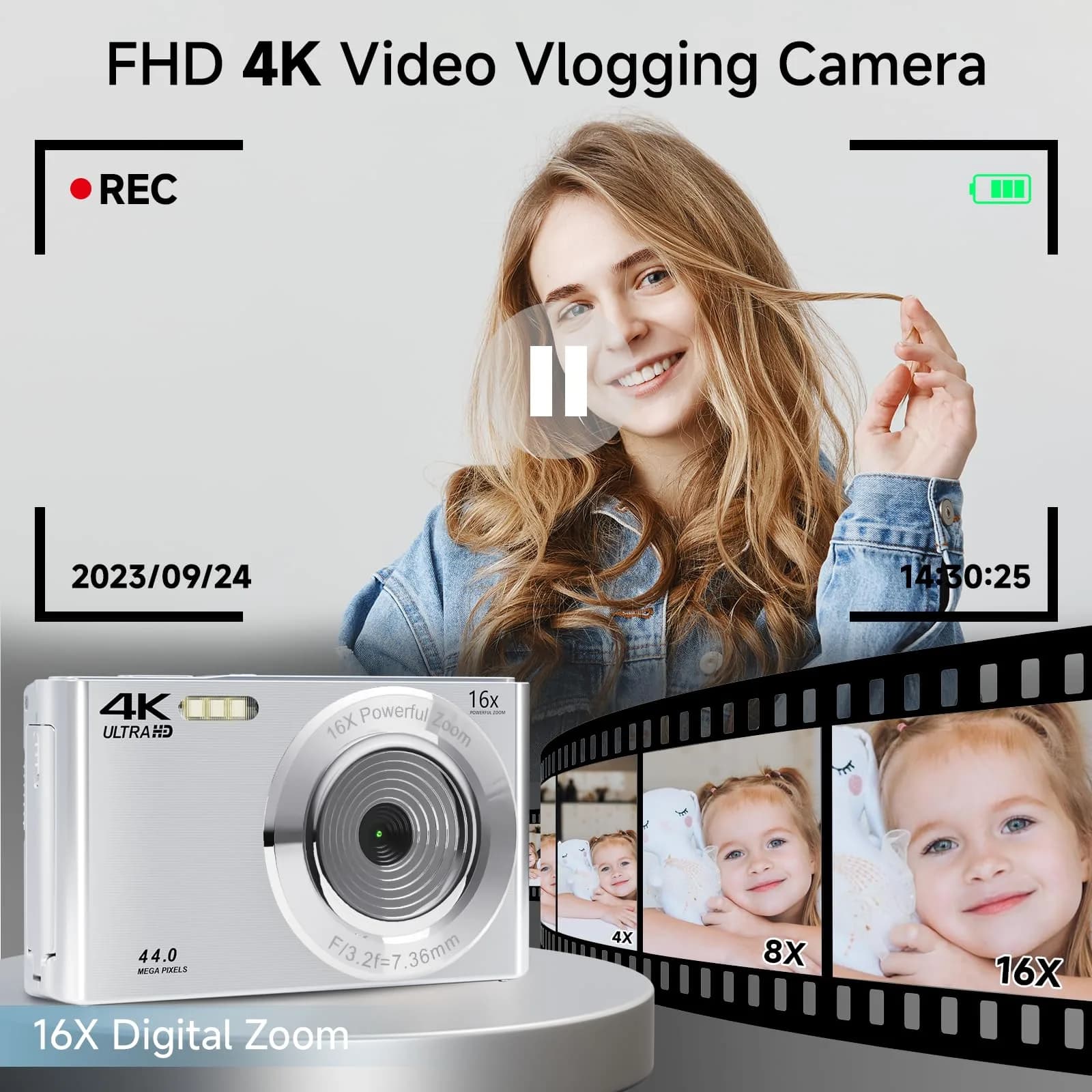 SMARTKLIK Digital Camera 44MP 4K FHD Silver | 16x Digital Zoom, 64GB SD Card Included - view 2