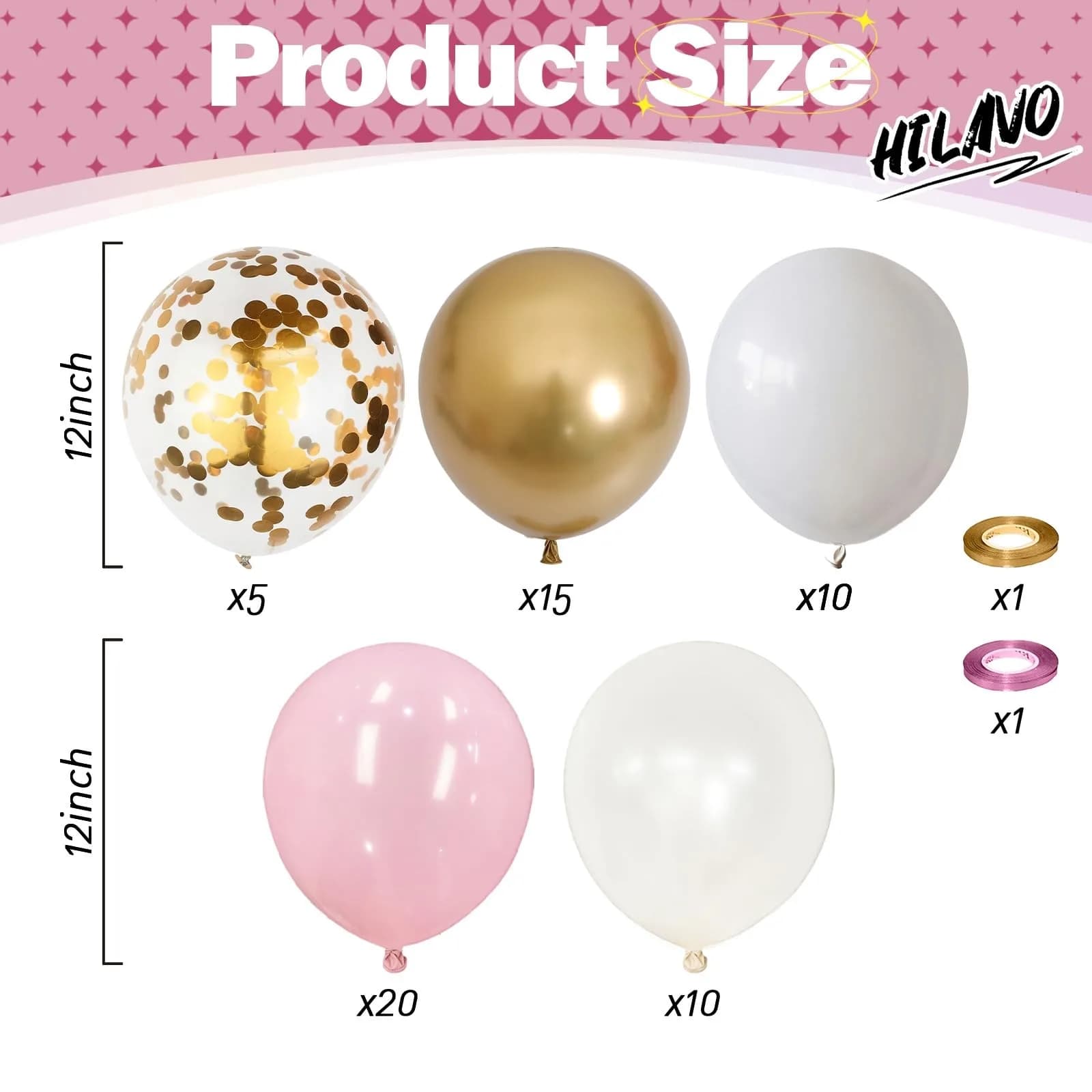 HILAVO 60Pcs 12 Inch Pastel Pink, Gold & White Party Balloons - view 2