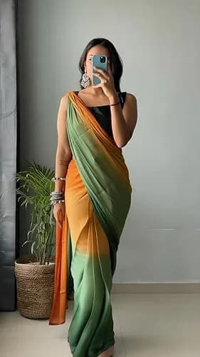StyleScope Ombre Effect Ready-to-Wear Saree with Unstitched Blouse Piece - Green-Orange, 140 cm (55 in) Length | Pre-Pleated for 1-Minute Wear thumbnail 5