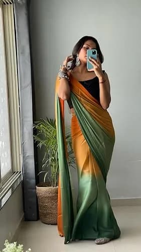 StyleScope Ombre Effect Ready-to-Wear Saree with Unstitched Blouse Piece - Green-Orange, 140 cm (55 in) Length | Pre-Pleated for 1-Minute Wear thumbnail 6