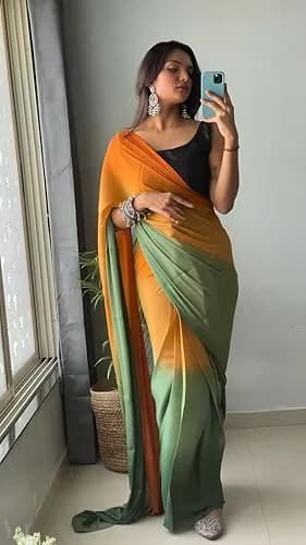 StyleScope Ombre Effect Ready-to-Wear Saree with Unstitched Blouse Piece - Green-Orange, 140 cm (55 in) Length | Pre-Pleated for 1-Minute Wear thumbnail 7