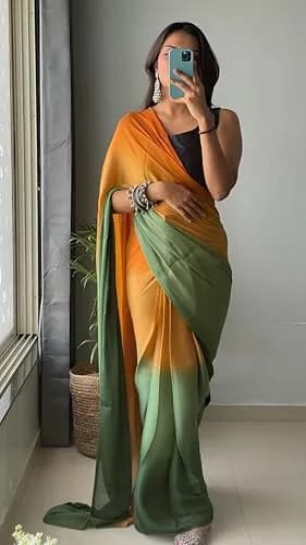 StyleScope Ombre Effect Ready-to-Wear Saree with Unstitched Blouse Piece - Green-Orange, 140 cm (55 in) Length | Pre-Pleated for 1-Minute Wear thumbnail 8