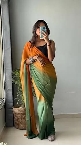 StyleScope Ombre Effect Ready-to-Wear Saree with Unstitched Blouse Piece - Green-Orange, 140 cm (55 in) Length | Pre-Pleated for 1-Minute Wear thumbnail 9