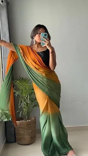 StyleScope Ombre Effect Ready-to-Wear Saree with Unstitched Blouse Piece - Green-Orange, 140 cm (55 in) Length | Pre-Pleated for 1-Minute Wear thumbnail 2
