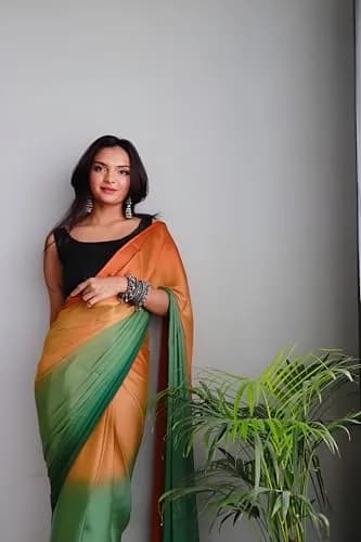 StyleScope Ombre Effect Ready-to-Wear Saree with Unstitched Blouse Piece - Green-Orange, 140 cm (55 in) Length | Pre-Pleated for 1-Minute Wear thumbnail 3