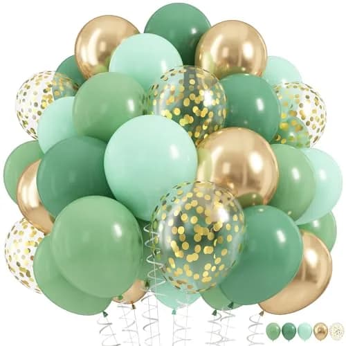 HILAVO Sage Green Balloons Set 60Pcs 12 Inch Olive Macaron Pastel Green Balloons with Metallic Confetti Gold Jungle Latex Balloon | Assorted Colors Value Pack thumbnail 1