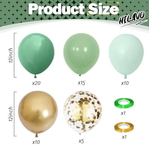 HILAVO Sage Green Balloons Set 60Pcs 12 Inch Olive Macaron Pastel Green Balloons with Metallic Confetti Gold Jungle Latex Balloon | Assorted Colors Value Pack thumbnail 2