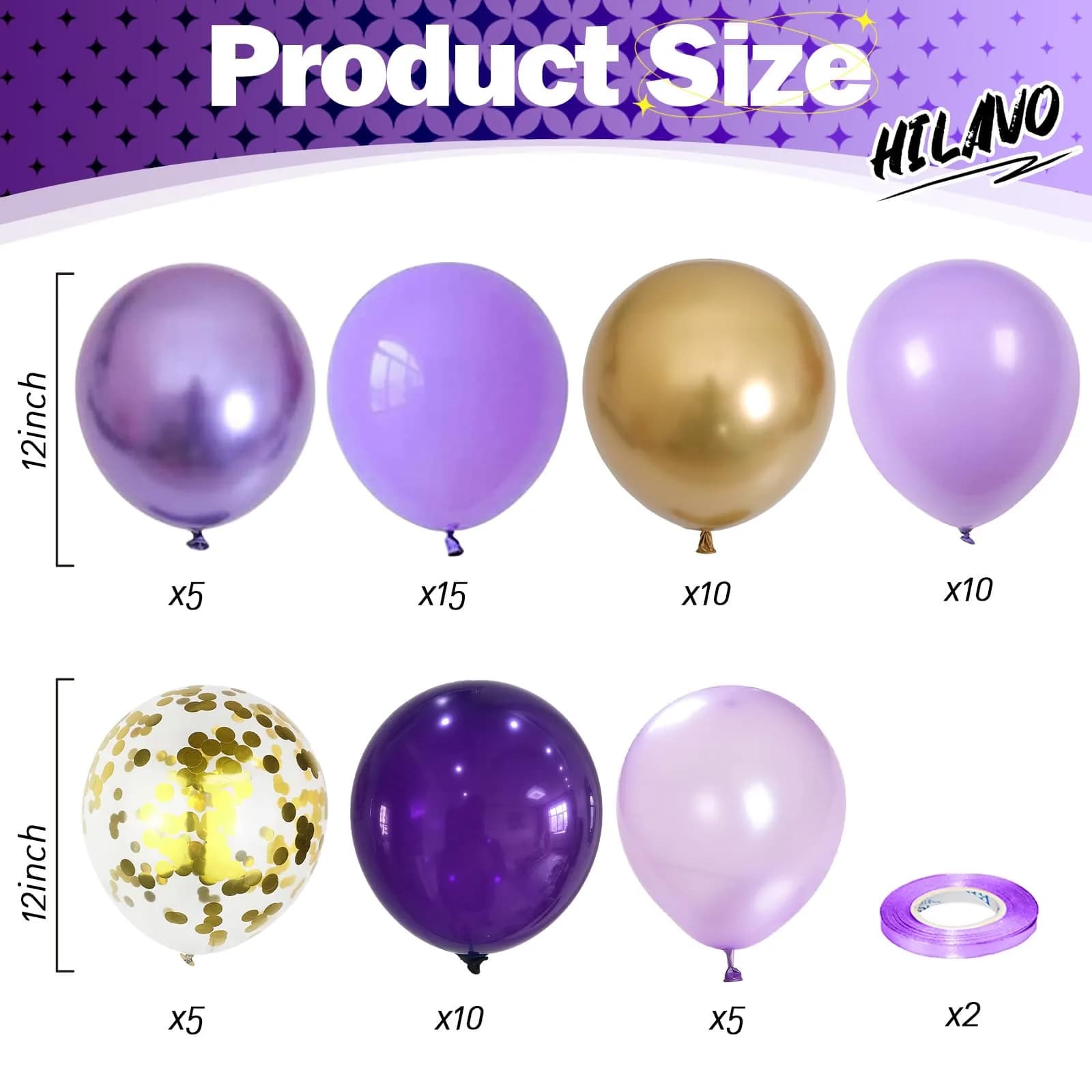 HILAVO Purple Gold Balloons Set 60Pcs 12 Inch | Assorted Colors Balloon for Party Planners - view 2