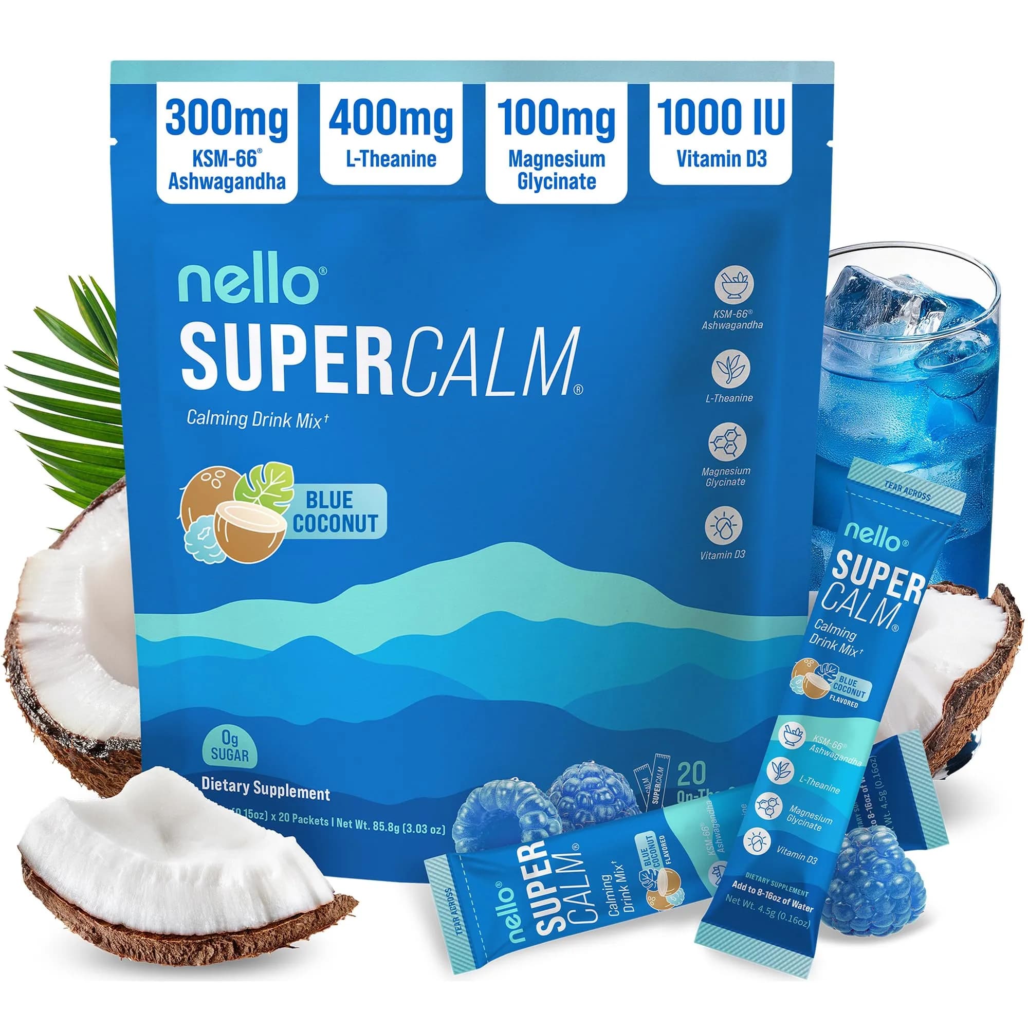 Nello Supercalm Blue Coconut Powdered Drink Mix, 20 Servings | Supports Calm & Sleep - main product image