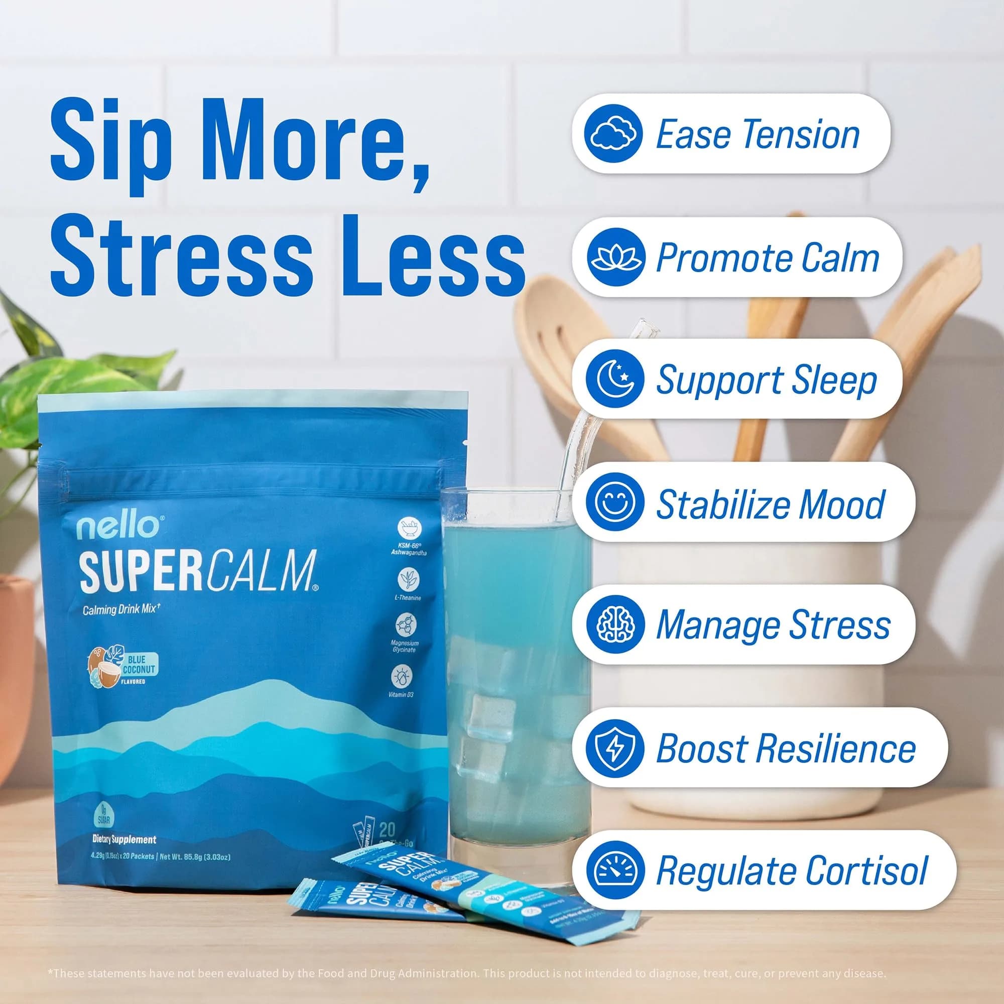 Nello Supercalm Blue Coconut Powdered Drink Mix, 20 Servings | Supports Calm & Sleep - view 3