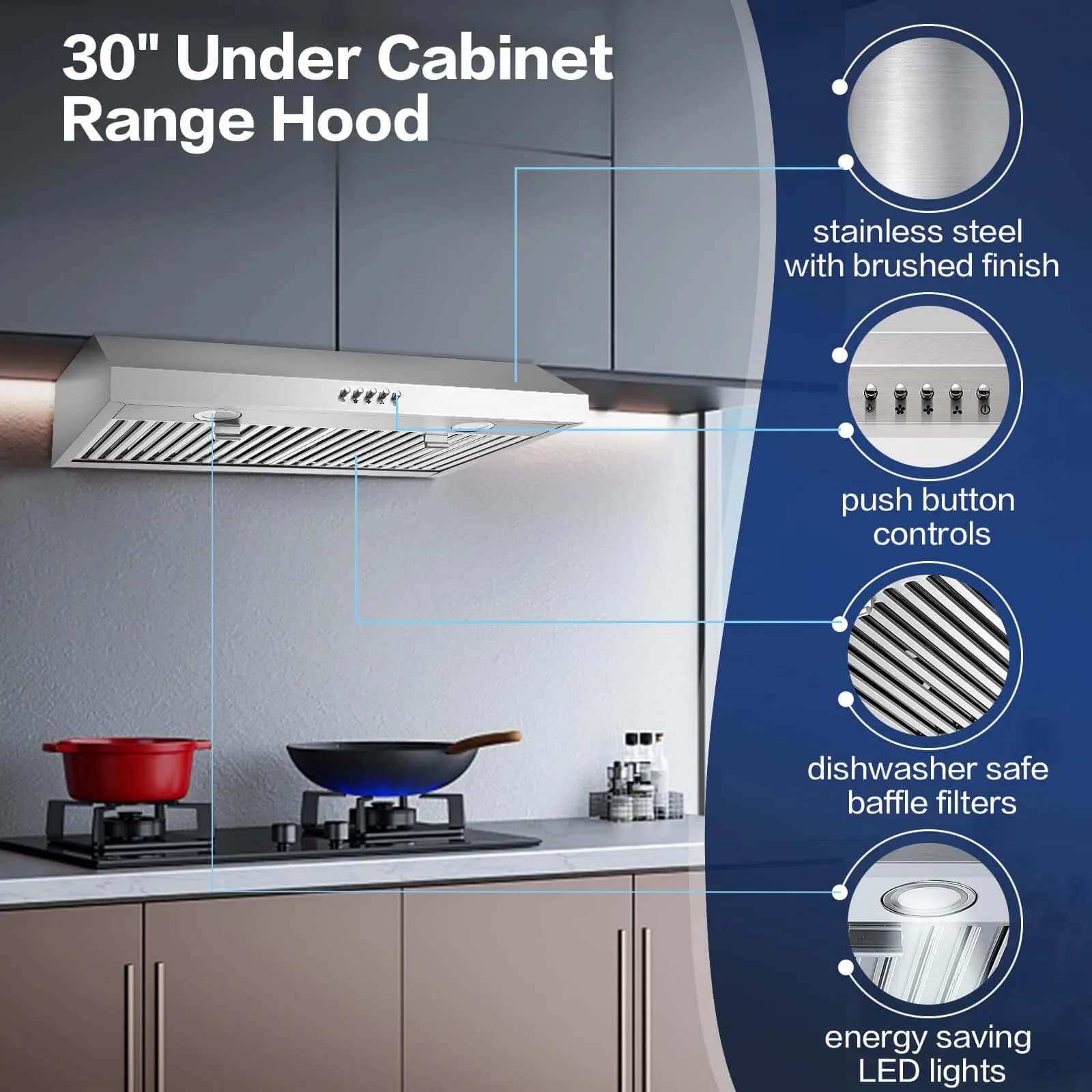 SNDOAS Under Cabinet Range Hood 30 inch Stainless Steel 700 CFM | 76.2 cm (30 inch) 3-Speed Push Button Control - view 2