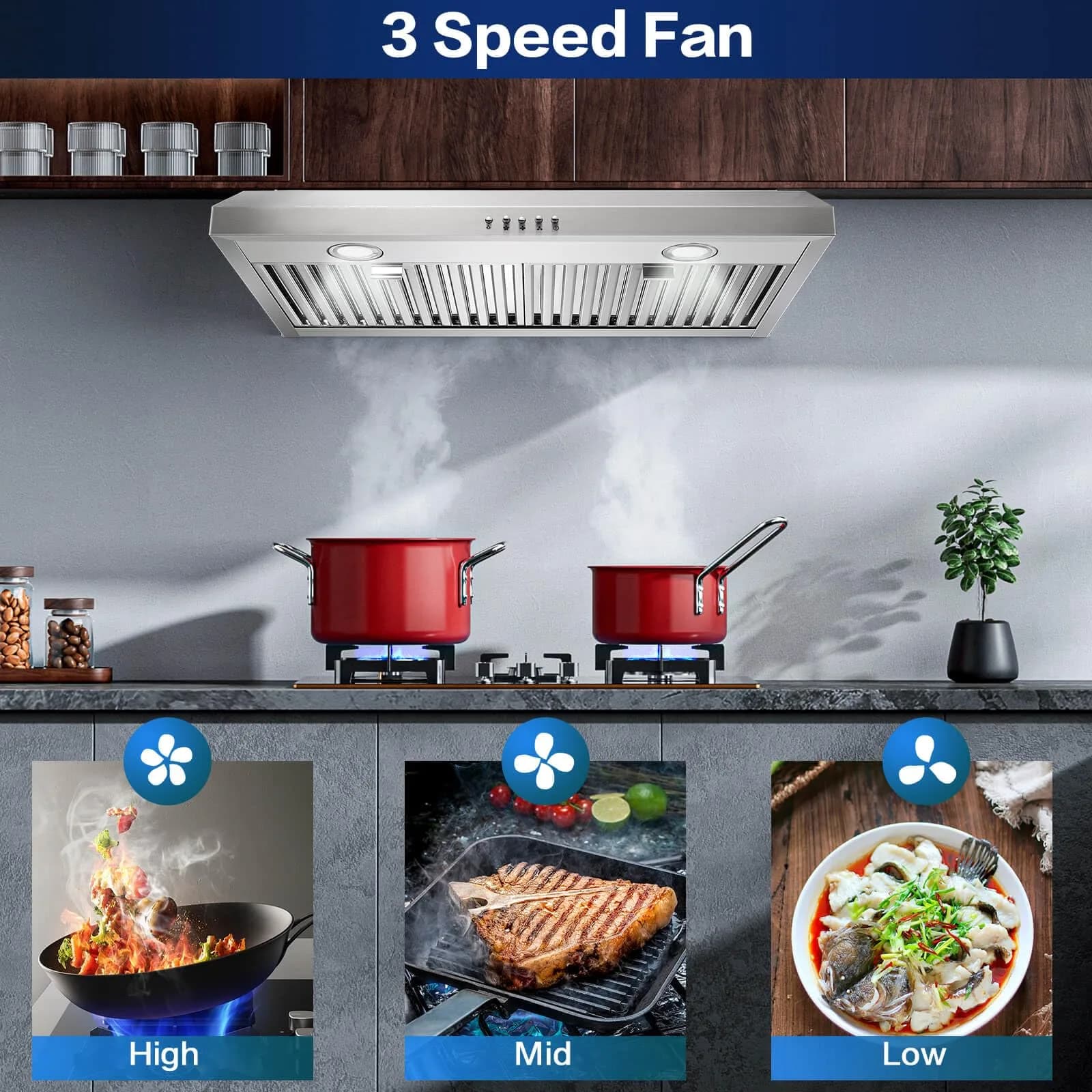 SNDOAS Under Cabinet Range Hood 30 inch Stainless Steel 700 CFM | 76.2 cm (30 inch) 3-Speed Push Button Control - view 3