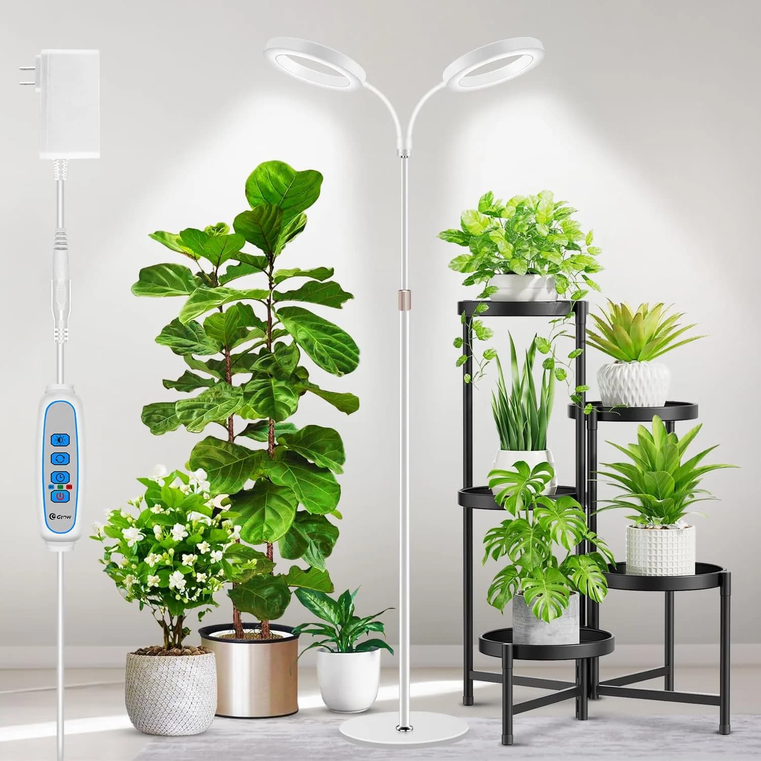 Aumtrly Full Spectrum LED Grow Light Stand 175cm (68") | 3 Lighting Modes, 5 Dimming Levels, 16-Hour Timer — 2 head 68inch/white