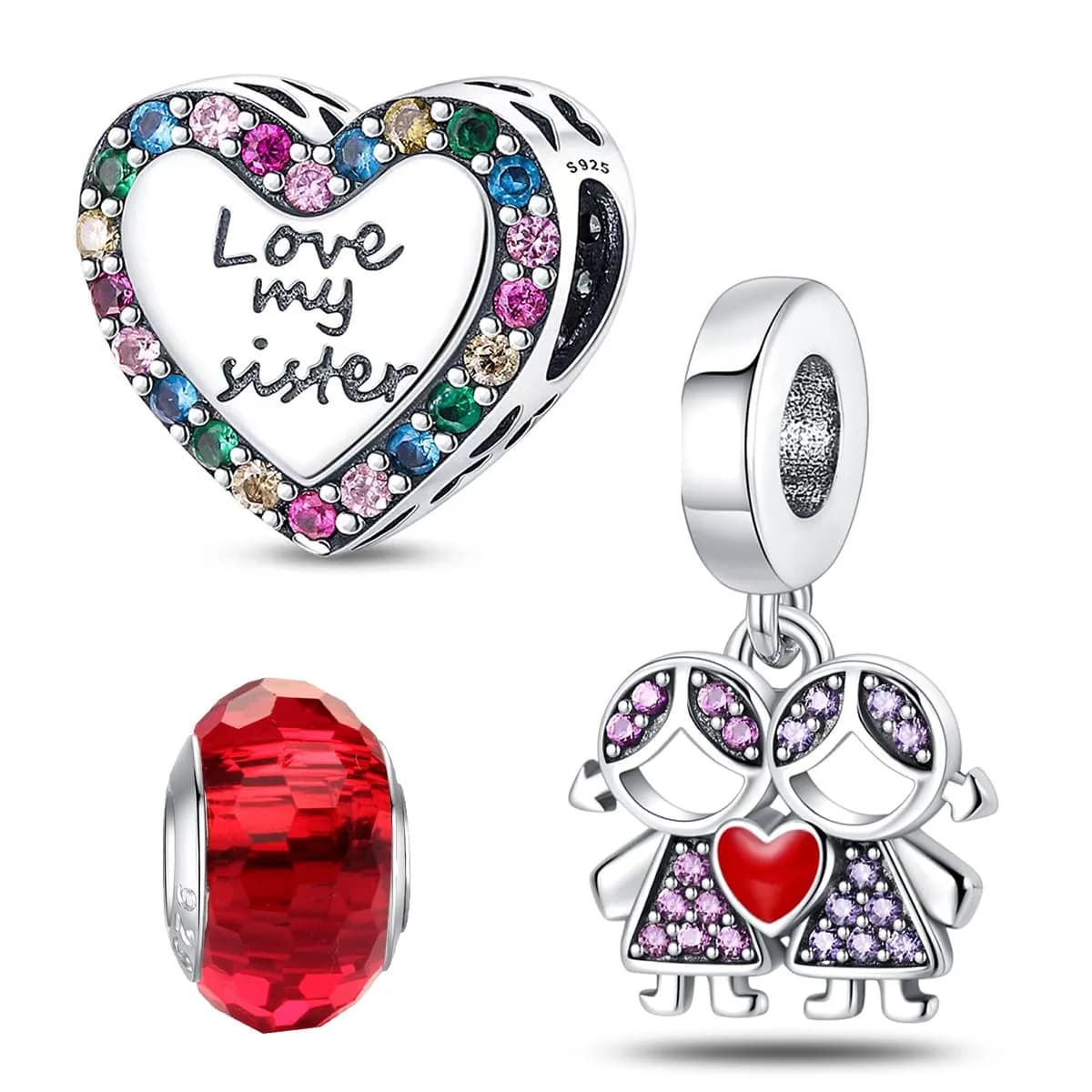 HappyStar 925 Sterling Silver Charms for Bracelets & Necklaces | Bead Pendants with Zircon (4.6mm, 5mm) | Gift for Couples & Sisters — Love Sisters Bead Charms