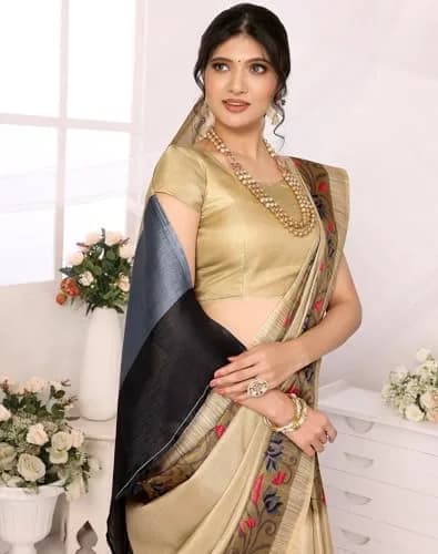 Yashika Women's Printed Art Silk Woven Saree with Unstitched Blouse - Grey, 280cm Length | Versatile Festive Wear thumbnail 2