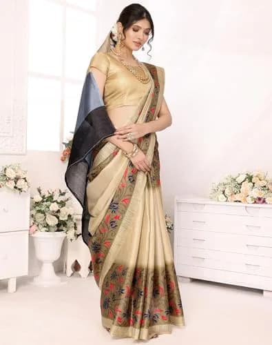 Yashika Women's Printed Art Silk Woven Saree with Unstitched Blouse - Grey, 280cm Length | Versatile Festive Wear thumbnail 3