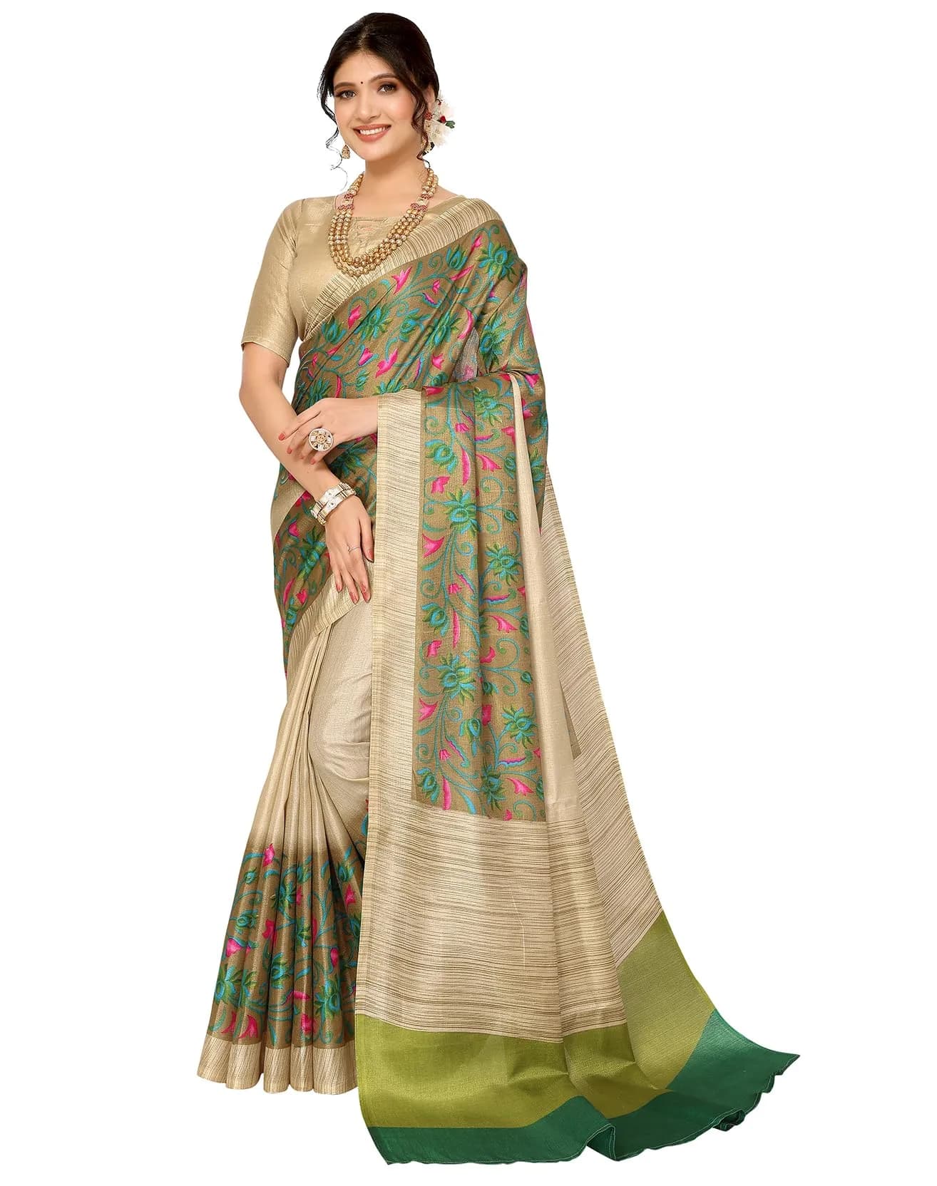 Yashika Women's Printed Woven Art Silk Saree with Unstitched Blouse, Green, 280cm Length - main product image