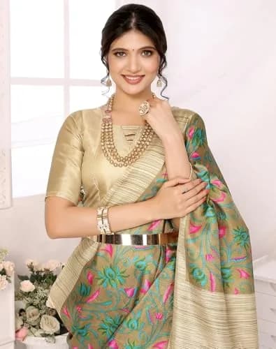 Yashika Women's Printed Art Silk Woven Saree with Unstitched Blouse - Grey, 280cm Length | Versatile Festive Wear thumbnail 2
