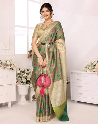 Yashika Women's Printed Art Silk Woven Saree with Unstitched Blouse - Grey, 280cm Length | Versatile Festive Wear thumbnail 3