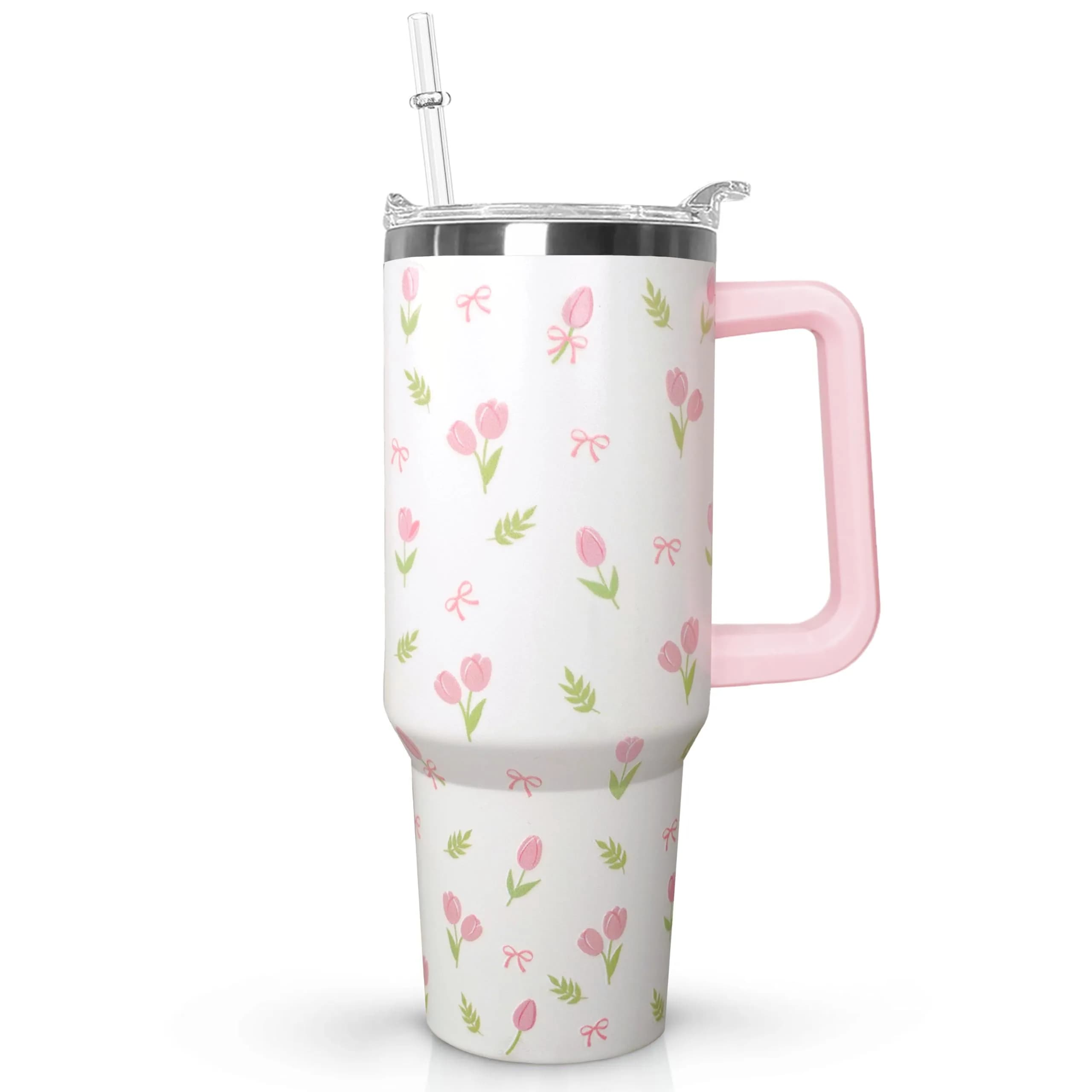 Ceovfoi 40 oz Tulip Bow Tumbler with Handle & Straw | Insulated Stainless Steel Flip Top Water Bottle — Boho Flower2