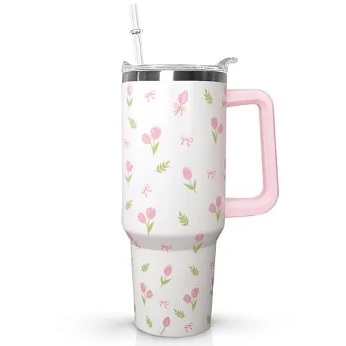 Ceovfoi 40 oz Tulip Bow Tumbler with Handle & Straw | Insulated Stainless Steel Flip Top Water Bottle thumbnail 1