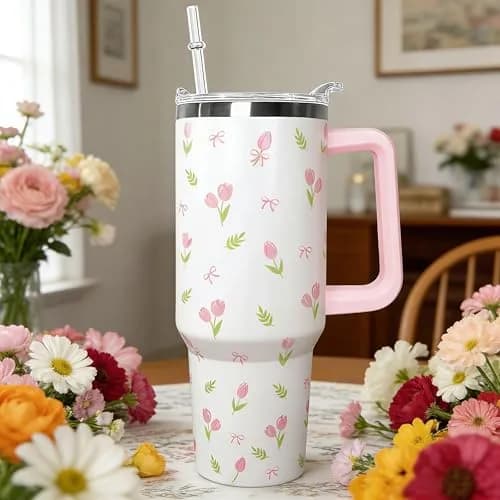 Ceovfoi 40 oz Tulip Bow Tumbler with Handle & Straw | Insulated Stainless Steel Flip Top Water Bottle thumbnail 6