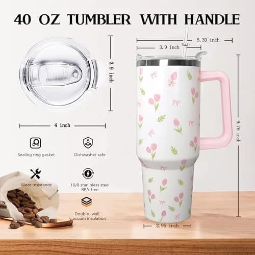 Ceovfoi 40 oz Tulip Bow Tumbler with Handle & Straw | Insulated Stainless Steel Flip Top Water Bottle thumbnail 2