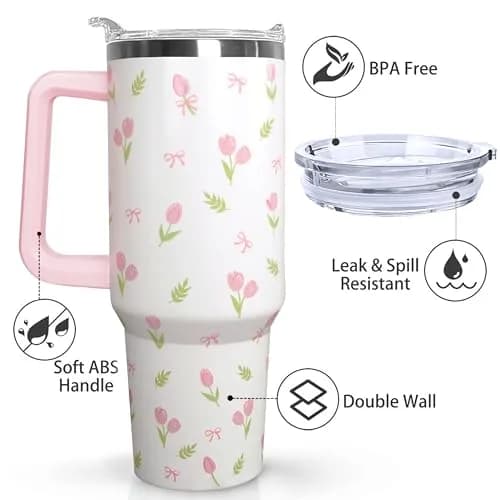 Ceovfoi 40 oz Tulip Bow Tumbler with Handle & Straw | Insulated Stainless Steel Flip Top Water Bottle thumbnail 3