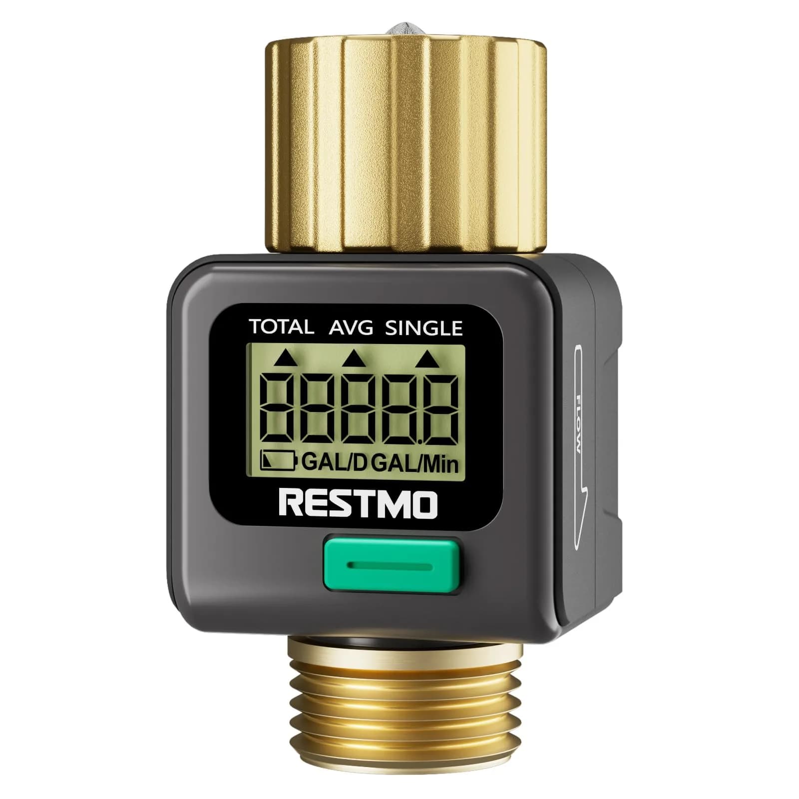 Restmo Water Flow Meter with Brass Inlet/Outlet, Measure Gallon/Liter Consumption & Flow Rate | 1-45.5 LPM (1-12 GPM) — Gray