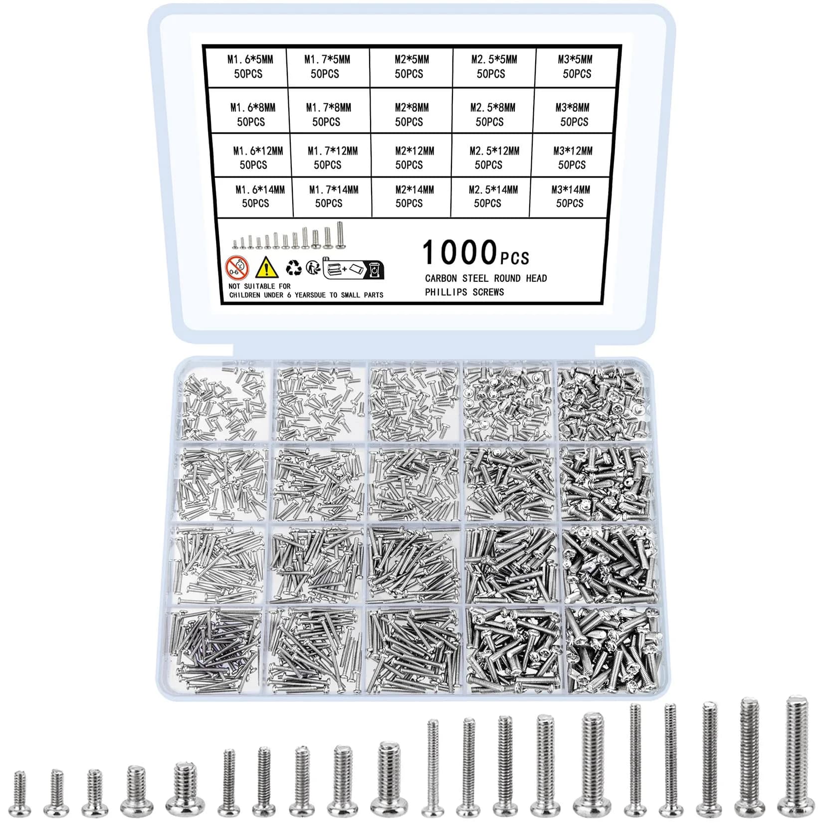 woshilaoDS 1000 Pcs Tiny Screws Assortment Kit | M1.6-M3 Round Head Mini Screws for Electronics, Laptop, Glasses Repair - main product image