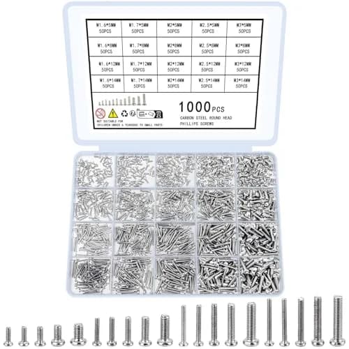 woshilaoDS 1000 Pcs Tiny Screws Assortment Kit | M1.6-M3 Round Head Mini Screws for Electronics, Laptop, Glasses Repair thumbnail 1
