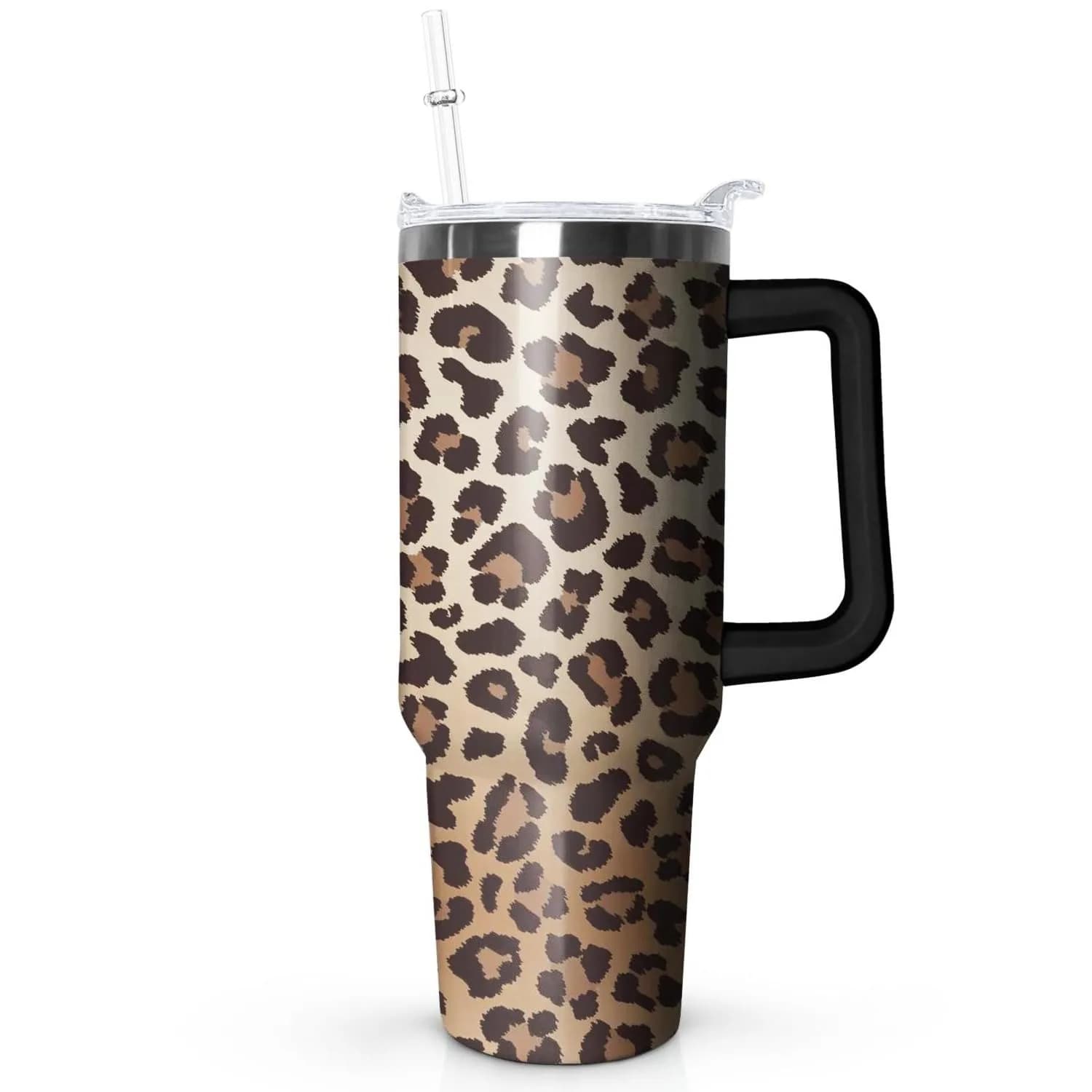 Ceovfoi 40 Oz Tumbler With Handle & Straw, Leopard Print Cheetah Coffee Travel Mug Cup, 1183ml (40 Fl Oz) | Cute Animal Print Insulated Water Bottle — Leopard Print