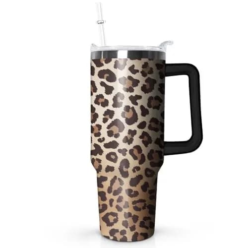 Ceovfoi 40 Oz Tumbler With Handle & Straw, Leopard Print Cheetah Coffee Travel Mug Cup, 1183ml (40 Fl Oz) | Cute Animal Print Insulated Water Bottle thumbnail 1