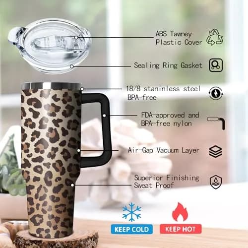 Ceovfoi 40 Oz Tumbler With Handle & Straw, Leopard Print Cheetah Coffee Travel Mug Cup, 1183ml (40 Fl Oz) | Cute Animal Print Insulated Water Bottle thumbnail 3