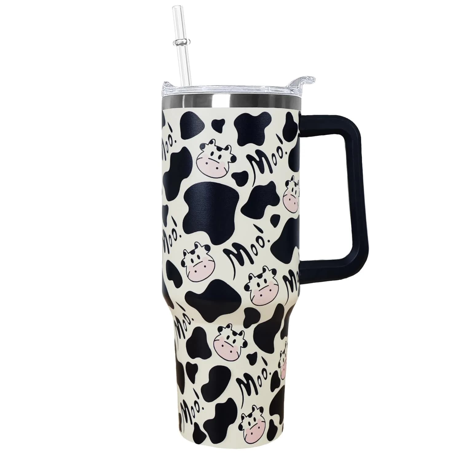 Ceovfoi 40 oz Cow Print Tumbler with Handle & Straw | Insulated Stainless Steel Travel Mug Cup — Cow